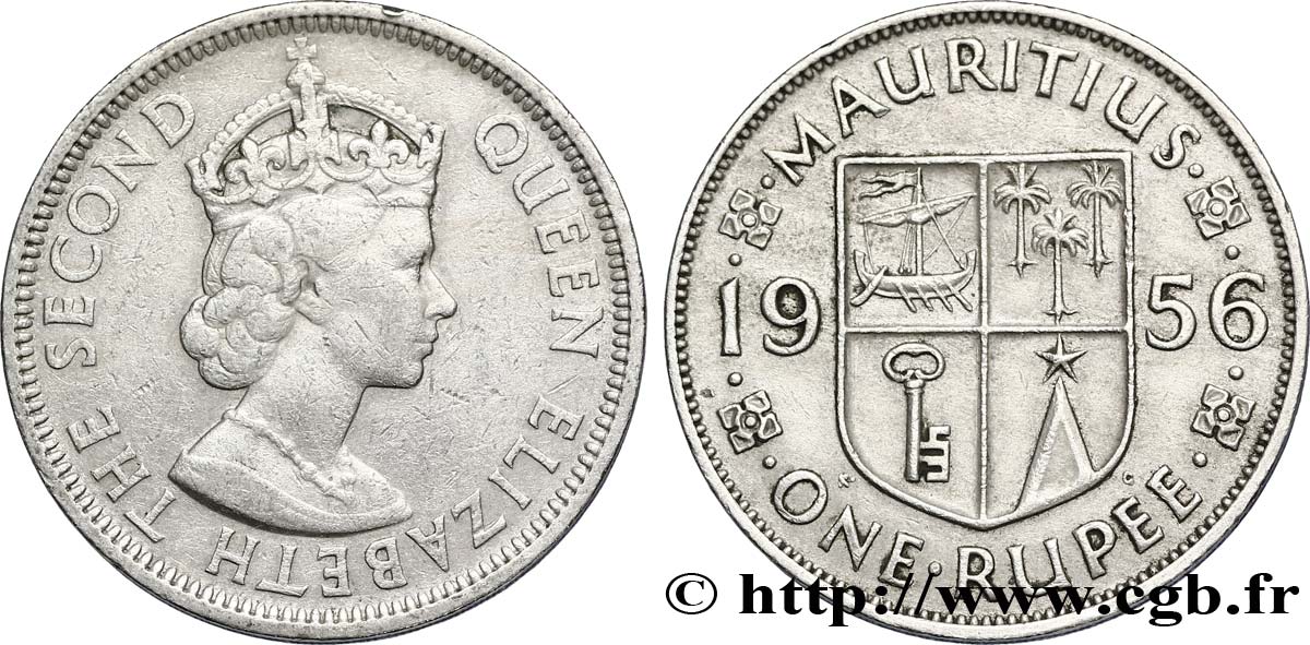 MAURITIUS 1 Roupie roi Elisabeth II / blason 1956  XF 