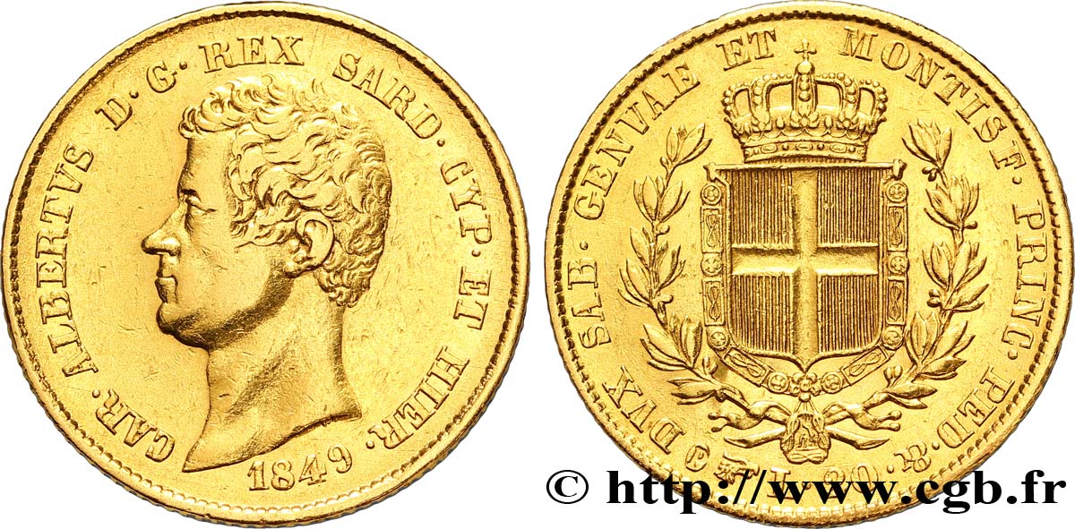 ITALIE - ROYAUME DE SARDAIGNE 20 Lire or Charles-Albert roi de Sardaigne / écu de Savoie 1849 Turin TTB 