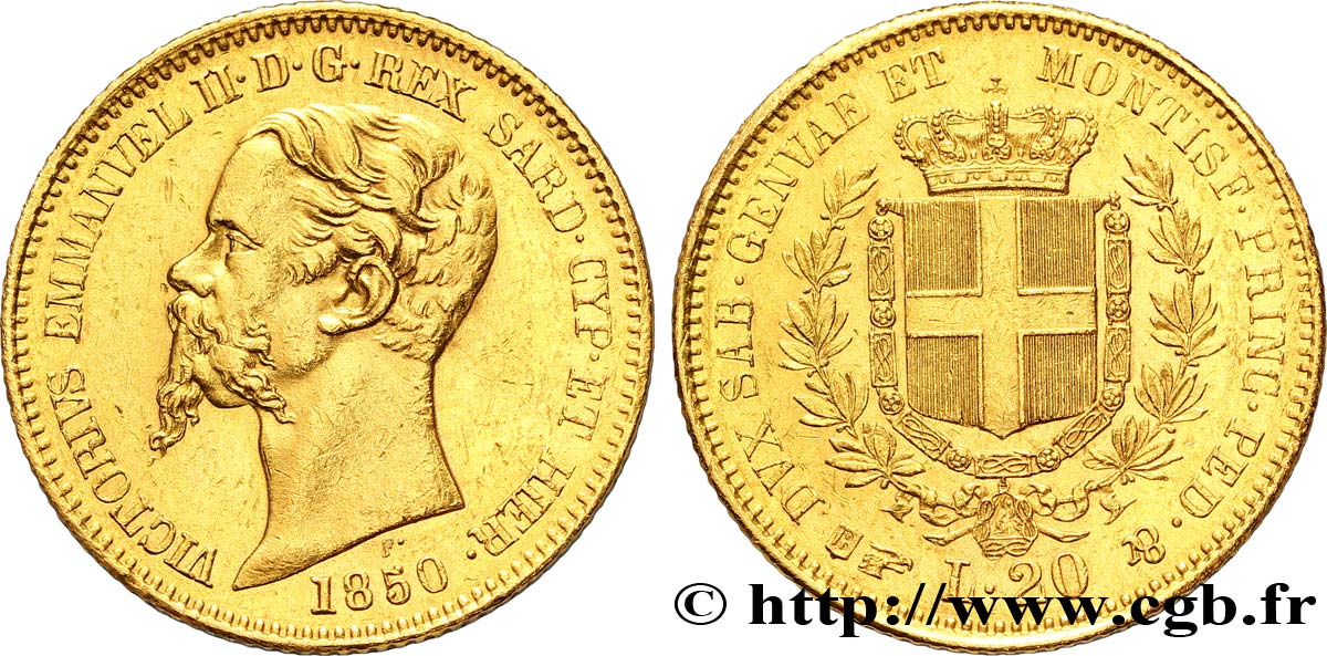 ITALY - KINGDOM OF SARDINIA 20 Lire Victor-Emmanuel II roi de Sardaigne / armes de Savoie couronnées 1850 Turin AU 