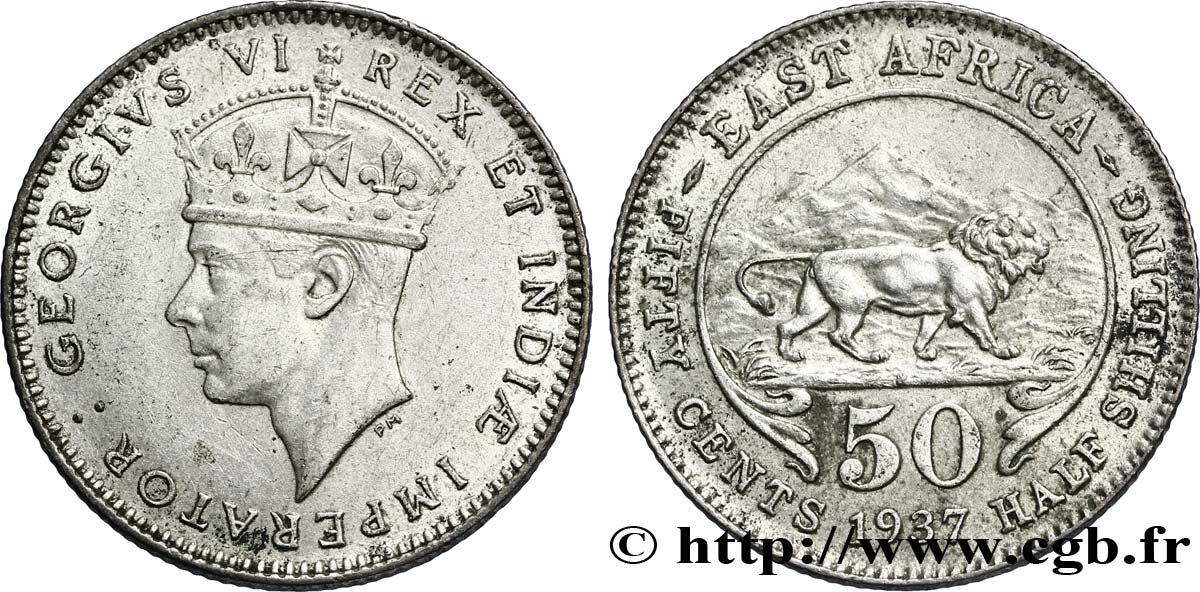 AFRIQUE DE L EST 50 Cents Georges VI / lion 1937 Heaton SUP 