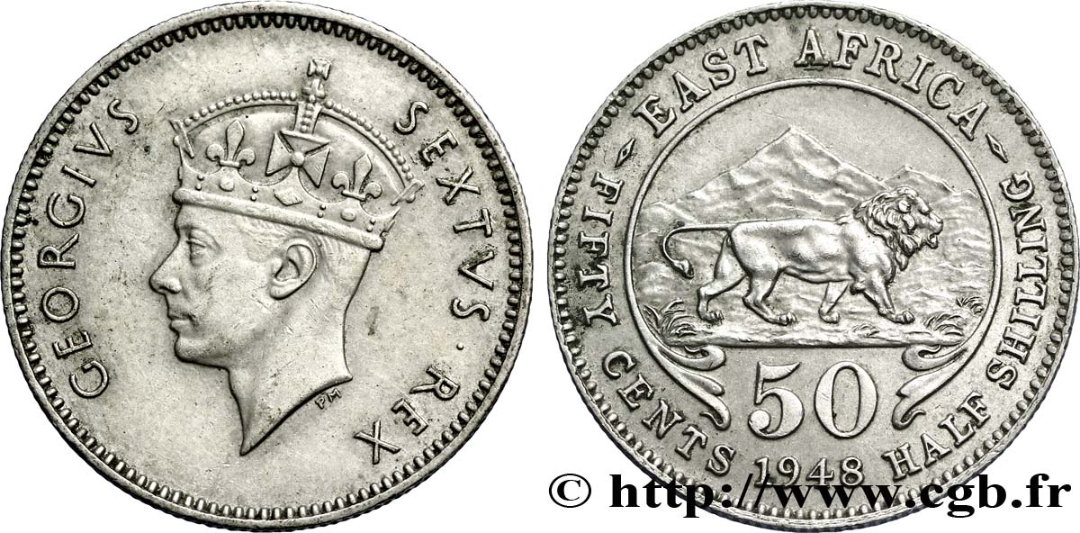 EAST AFRICA (BRITISH) 50 Cents (1/2 Shilling) Georges VI / lion 1948  AU 
