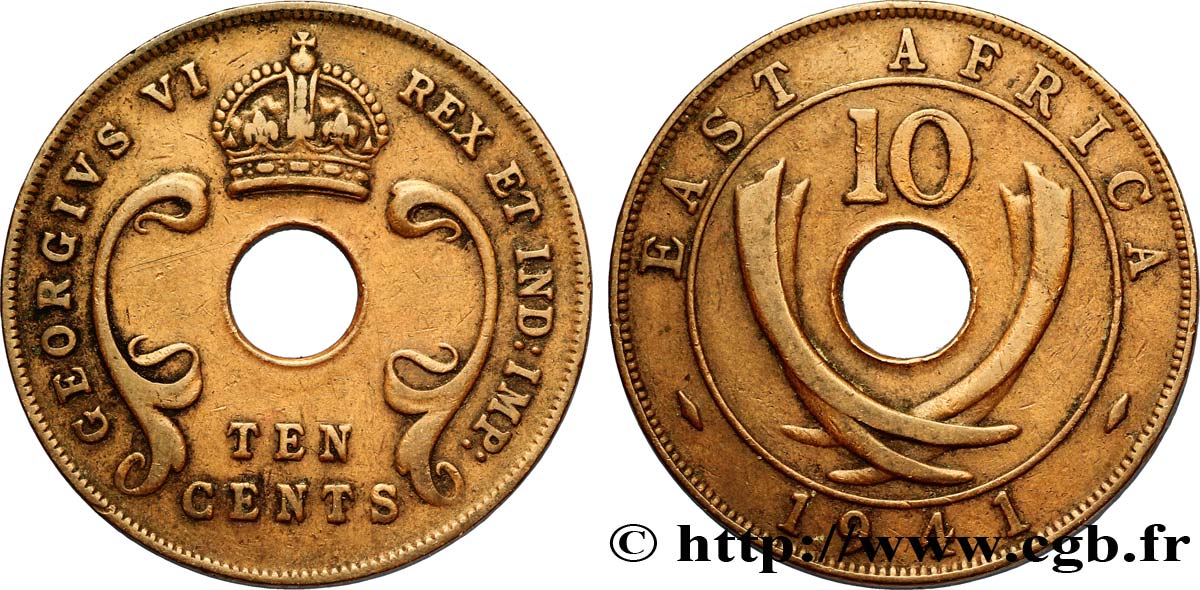 ÁFRICA ORIENTAL BRITÁNICA 10 Cents frappe au nom de Georges VI 1941 Londres MBC 