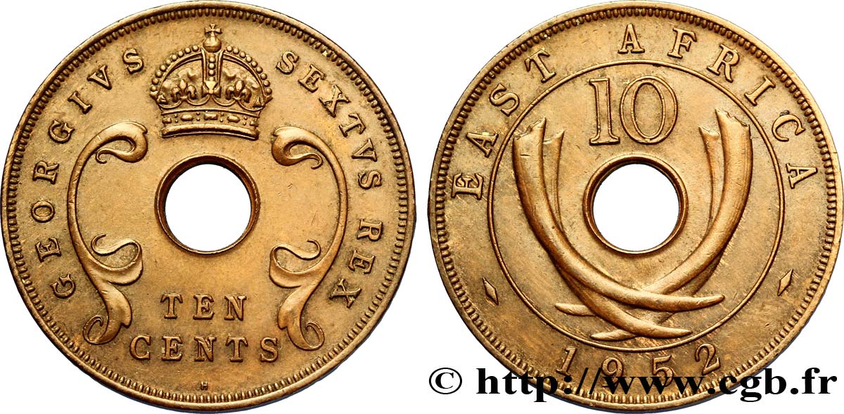 AFRICA DI L EST BRITANNICA  10 Cents au nom d’Elisabeth II 1952 Heaton - H SPL 