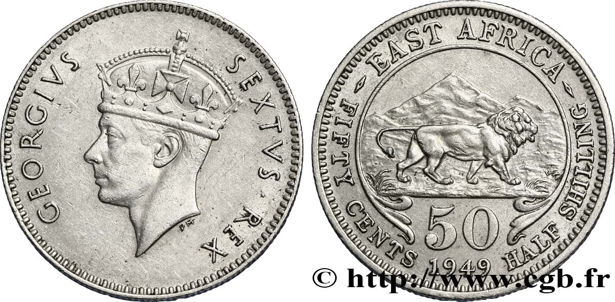 EAST AFRICA (BRITISH) 50 Cents (1/2 Shilling) Georges VI / lion 1949  AU 