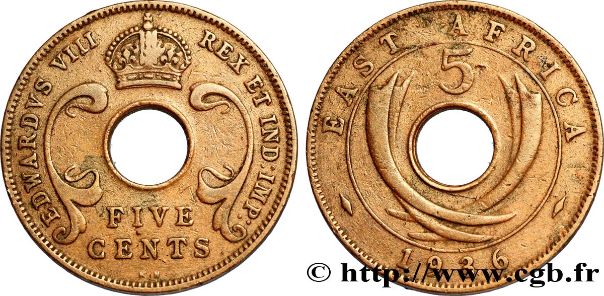 AFRICA DI L EST BRITANNICA  5 Cents frappe au nom d’Édouard VIII 1936 Kings Norton - KN BB 
