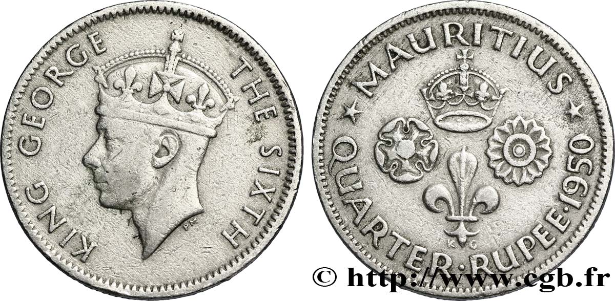 MAURITIUS 1/4 Roupie Georges VI 1950  XF 