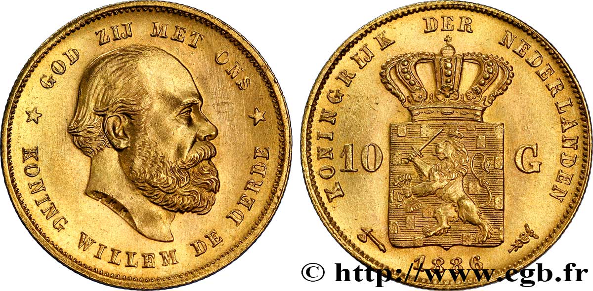 PAYS-BAS 10 Gulden or Guillaume III, 2e type 1886 Utrecht SPL 