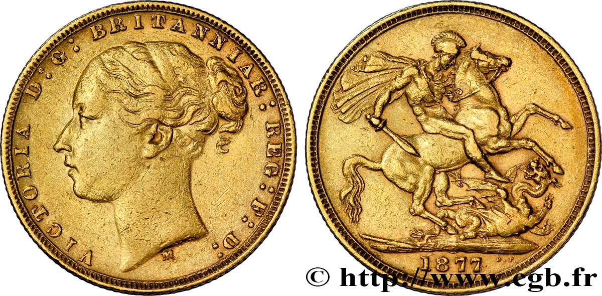UNITED KINGDOM 1 Souverain Victoria buste jeune / Saint-Georges terrassant le dragon 1877
 Londres VF 