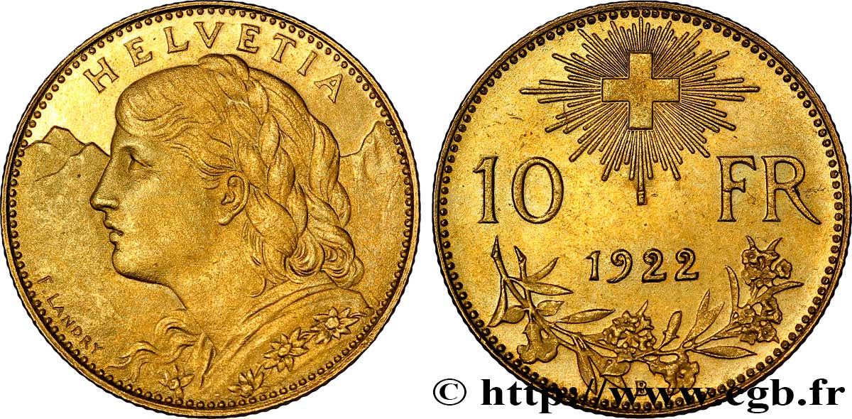 SVIZZERA  10 Francs or  Vreneli  1922 Berne SPL 