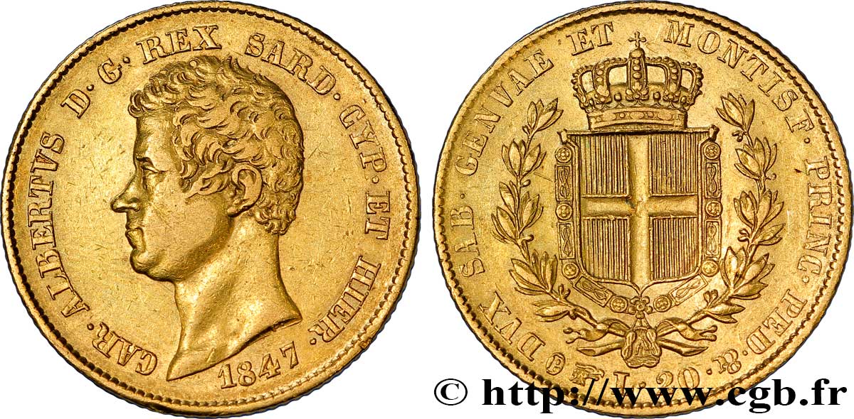 ITALIA - REGNO DE SARDINIA 20 Lire Charles-Albert roi de Sardaigne 1847 Turin BB 