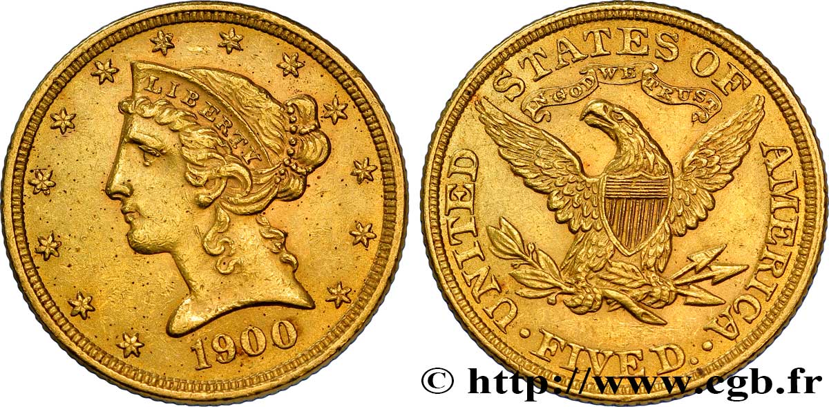 UNITED STATES OF AMERICA 5 Dollars  Liberty  1900 Philadelphie XF 