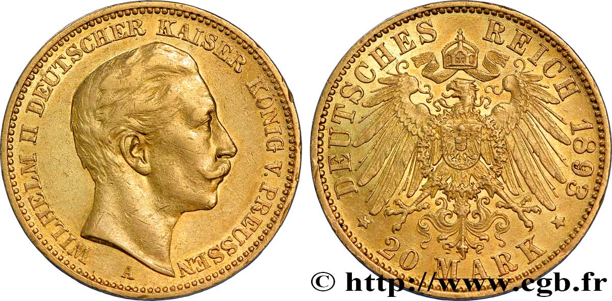 ALEMANIA - PRUSIA 20 Mark Royaume de Prusse Guillaume II / aigle héraldique 1893 Berlin MBC 
