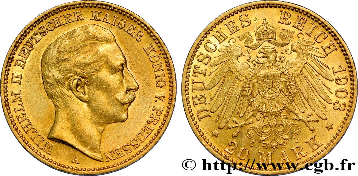 DEUTSCHLAND - PREUßEN 20 Mark or, 2e type Guillaume II / aigle impérial 1903 Berlin VZ 