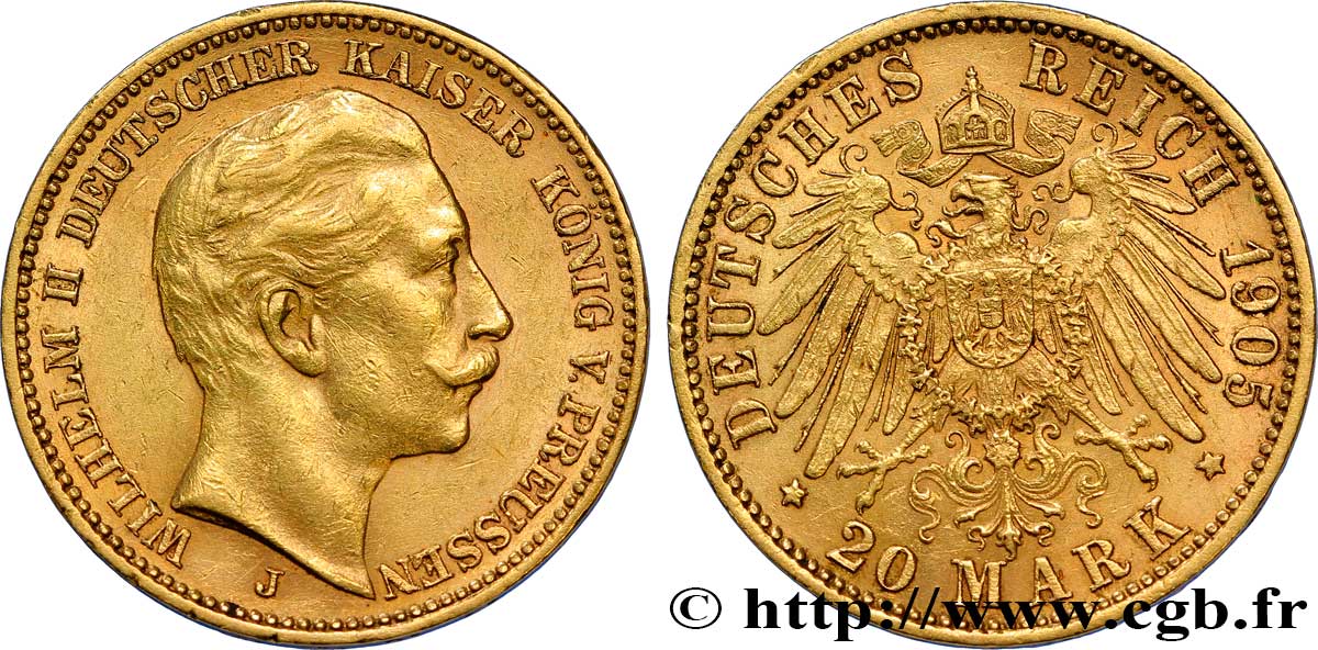 GERMANIA - PRUSSIA 20 Mark or, 2e type Guillaume II / aigle impérial 1905 Berlin SPL 