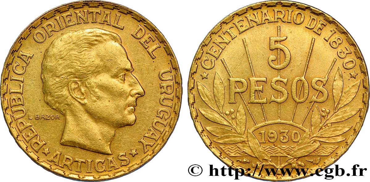 URUGUAY 5 Pesos Centenaire de la constitution 1930 Paris SPL 