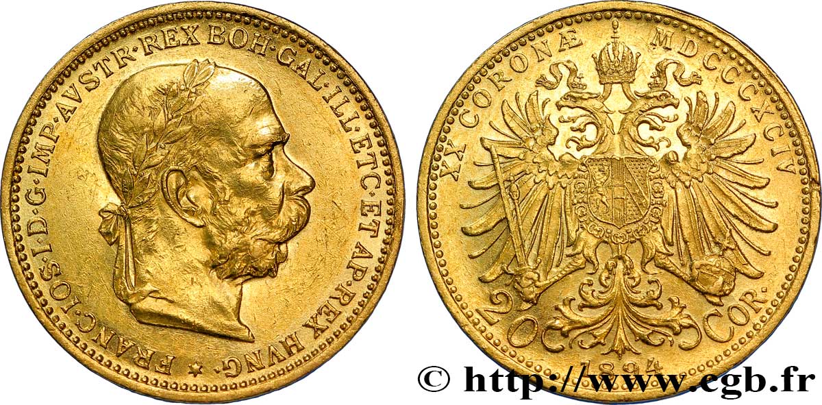 ÖSTERREICH 20 Corona or François Joseph Ier / Aigle bicéphale héraldique couronné 1894 Vienne VZ 