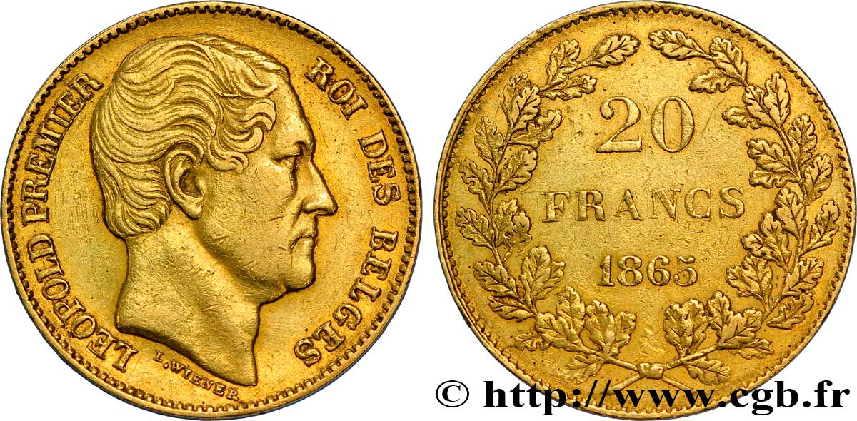 BÉLGICA 20 Francs Léopold Ier 1865 Bruxelles MBC+ 