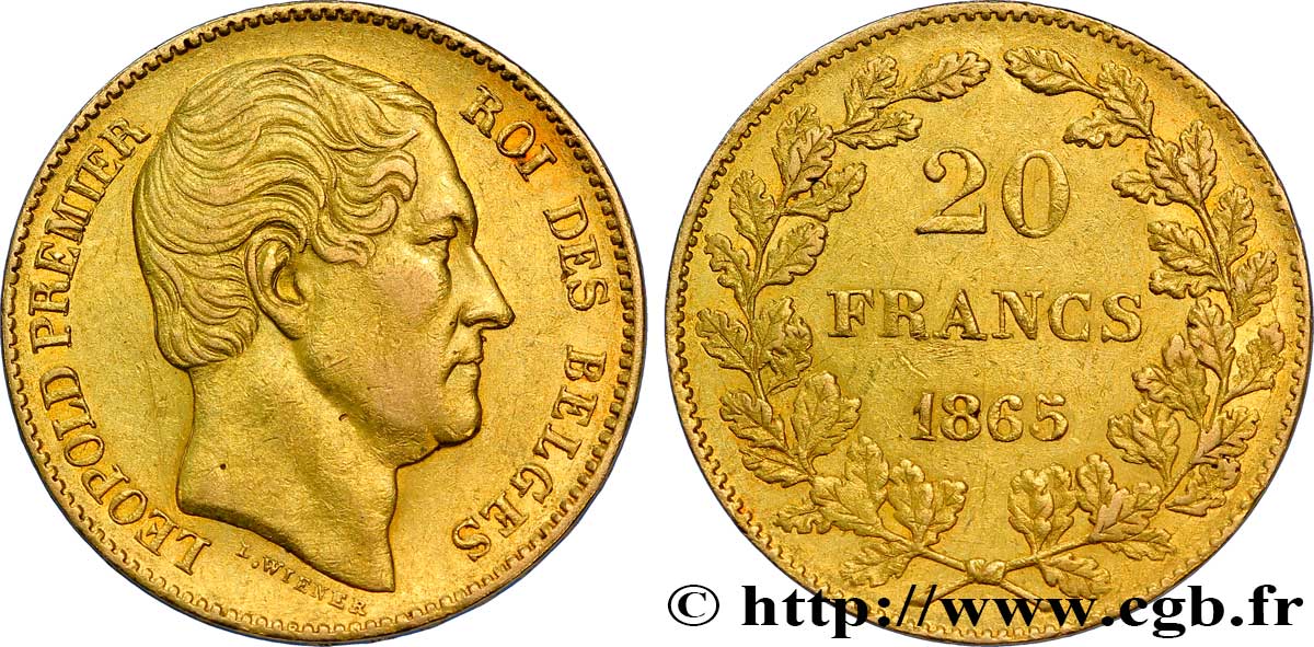 BÉLGICA 20 Francs Léopold Ier 1865 Bruxelles MBC 
