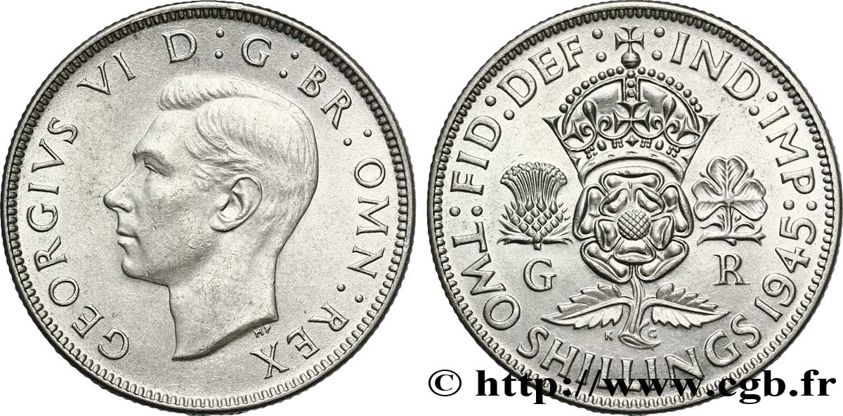 UNITED KINGDOM 1 Florin (2 Shillings) Georges VI 1945  AU 