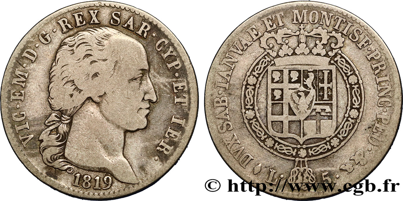 ITALIE - ROYAUME DE SARDAIGNE 5 Lire Victor Emmanuel I 1819 Turin TB 