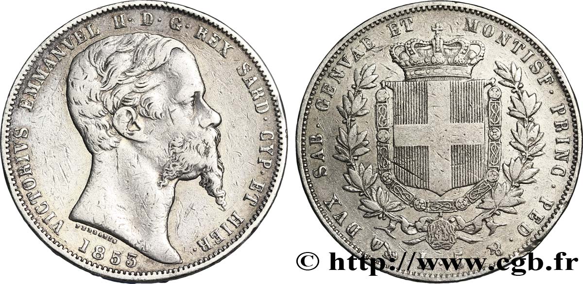 ITALY - KINGDOM OF SARDINIA 5 Lire Victor Emmanuel II, roi de Sardaigne 1853 Gênes VF 