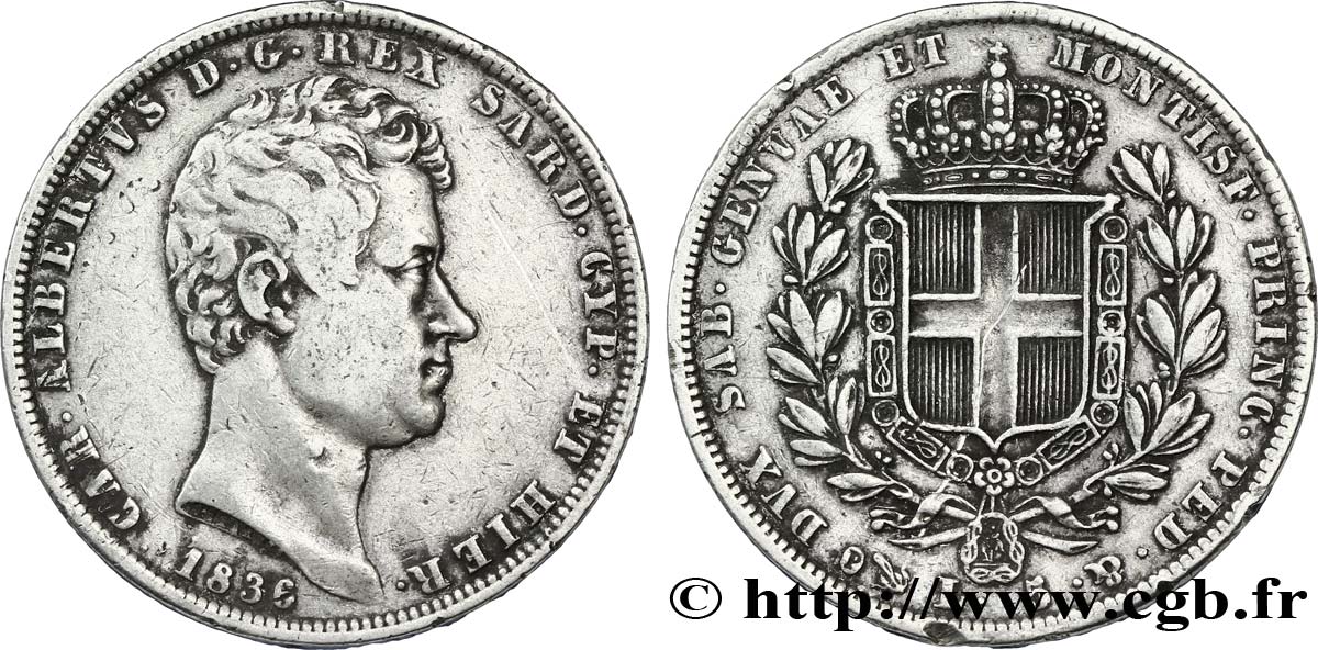 ITALIA - REGNO DE SARDINIA 5 Lire Charles Albert 1836 Gênes q.BB 
