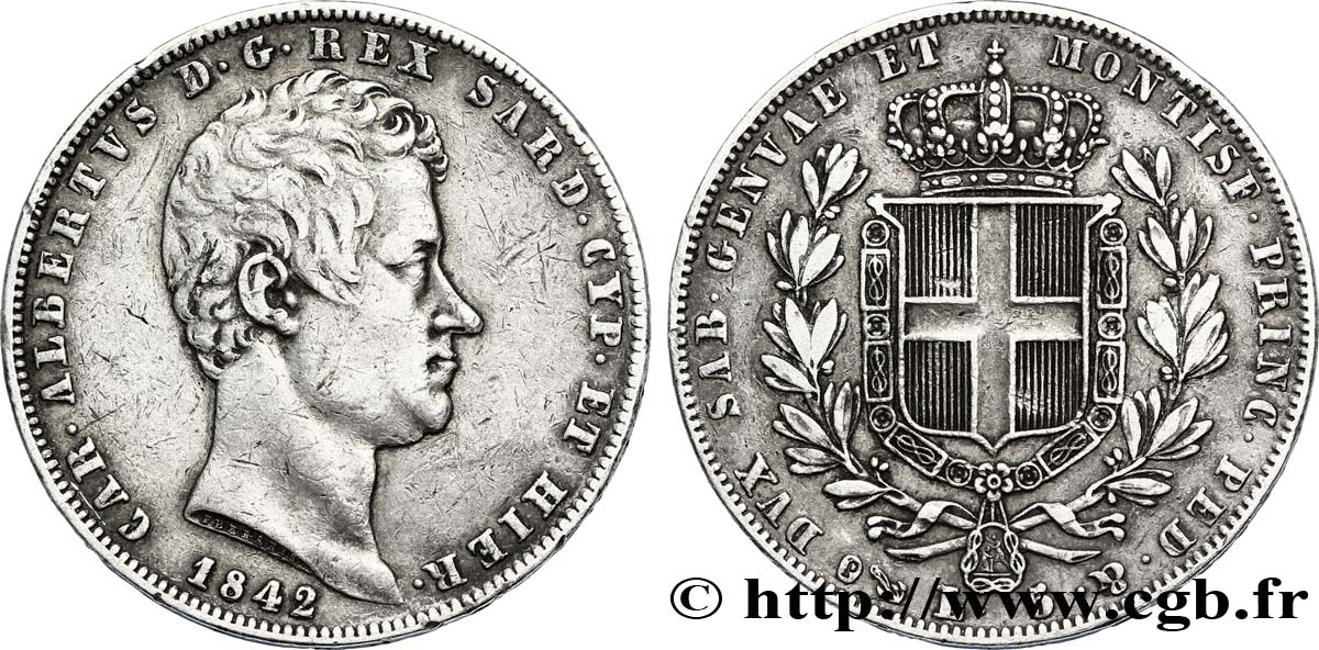 ITALY - KINGDOM OF SARDINIA 5 Lire Charles Albert, roi de Sardaigne 1842 Gênes XF 