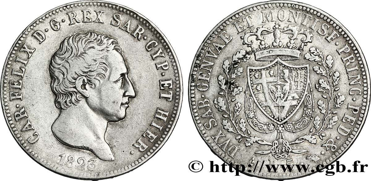 ITALIEN - KÖNIGREICH SARDINIEN 5 Lire Charles Félix, roi de Sardaigne 1823 Gênes SS 