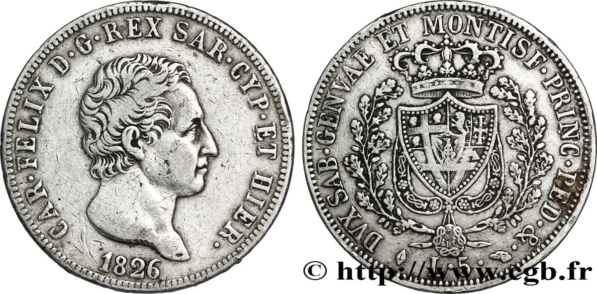 ITALIEN - KÖNIGREICH SARDINIEN 5 Lire Charles Félix, roi de Sardaigne 1826 Gênes SS 