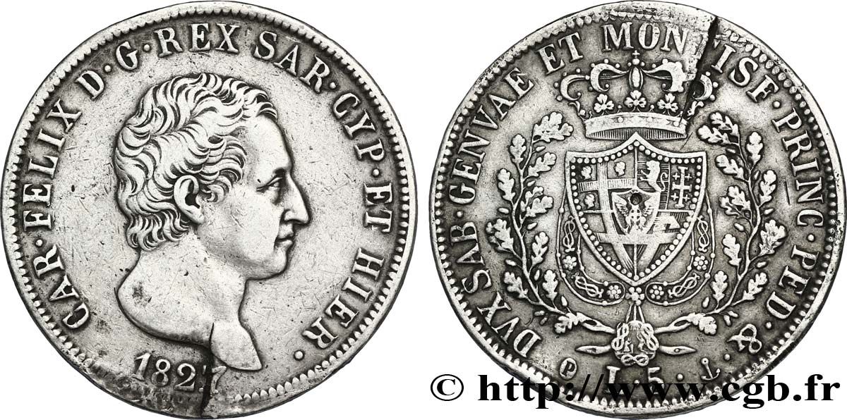 ITALIEN - KÖNIGREICH SARDINIEN 5 Lire Charles Félix, roi de Sardaigne 1827 Gênes fSS 