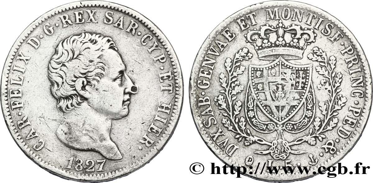 ITALIA - REINO DE CERDEÑA 5 Lire Charles Félix, roi de Sardaigne 1827 Gênes BC+ 
