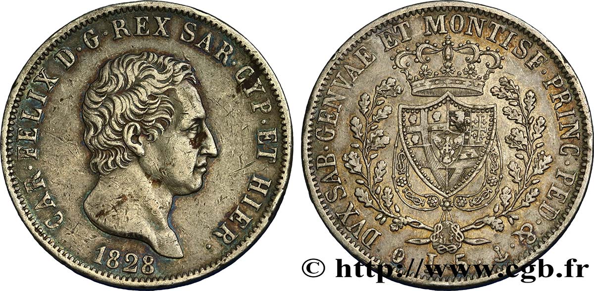 ITALIE - ROYAUME DE SARDAIGNE 5 Lire Charles Félix, roi de Sardaigne 1828 Gênes TTB 