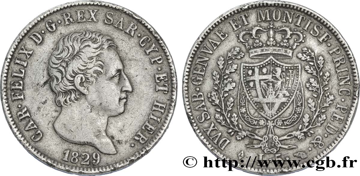 ITALY - KINGDOM OF SARDINIA 5 Lire Charles Félix, roi de Sardaigne 1829 Turin VF 