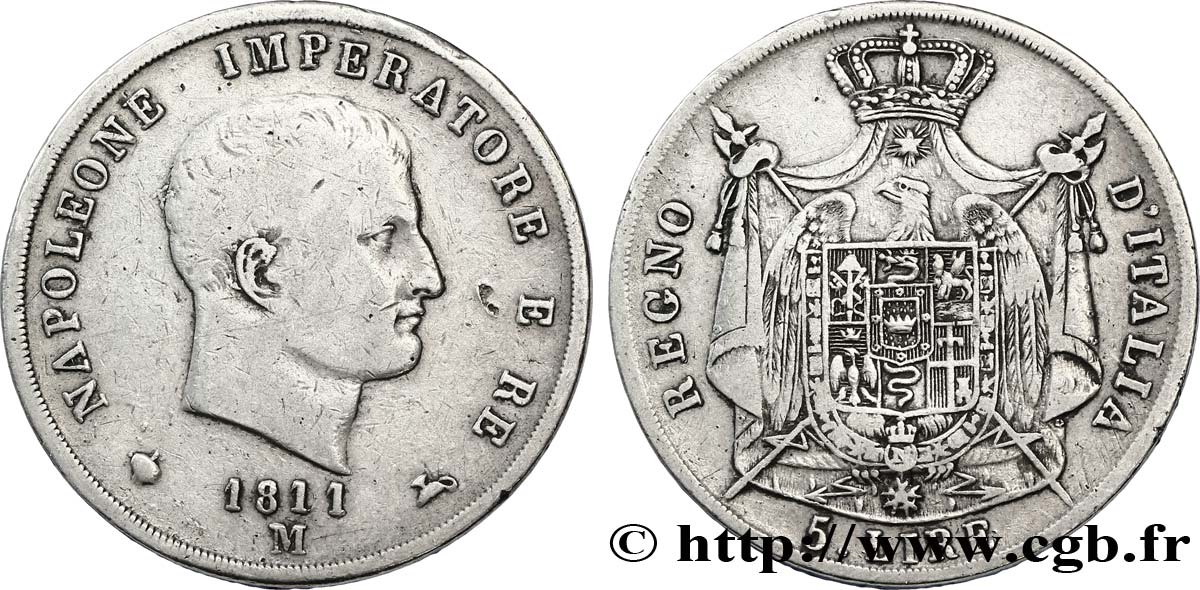 ITALY - KINGDOM OF ITALY - NAPOLEON I 5 Lire Napoléon Empereur et Roi d’Italie tranche en creux 1811 Milan - M VF 