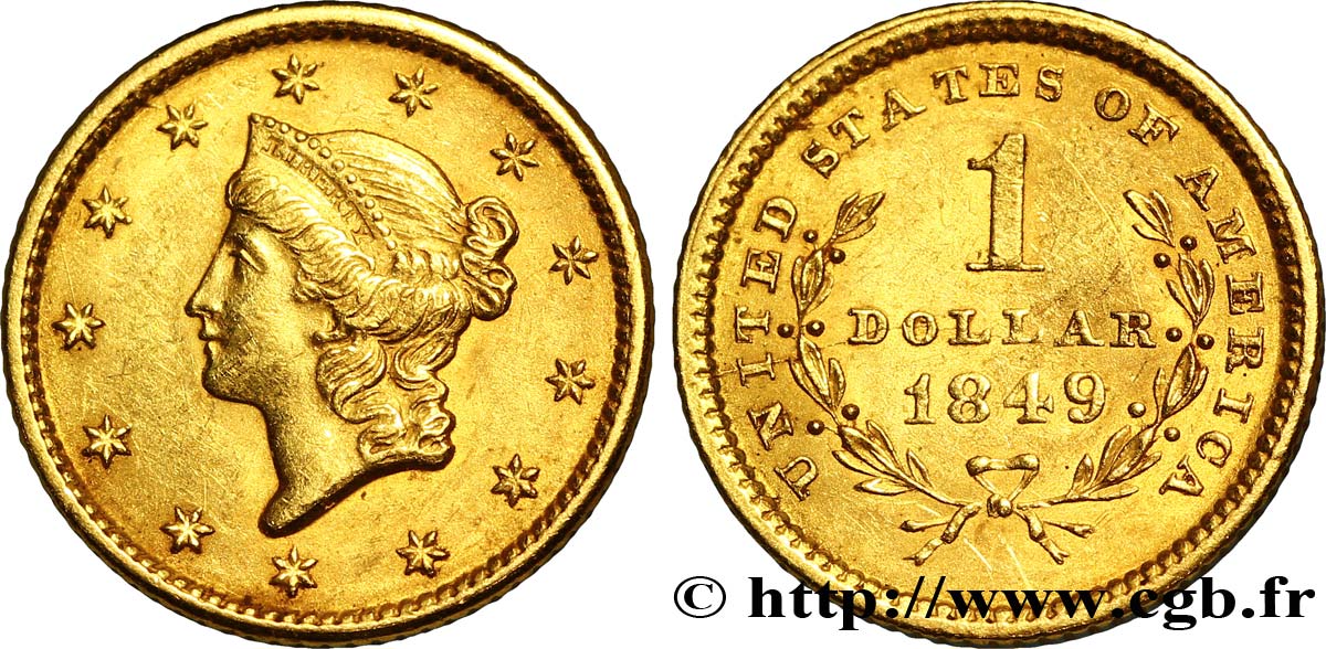 ESTADOS UNIDOS DE AMÉRICA 1 Dollar Or  Liberty head  1er type 1849-1854 1849 Philadelphie MBC+ 