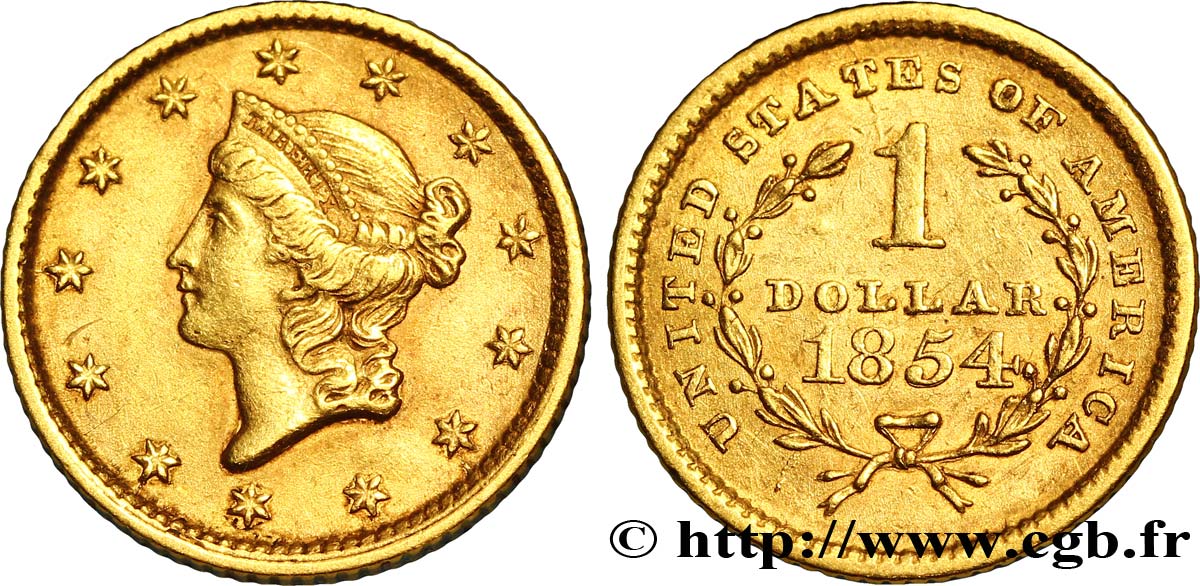 ESTADOS UNIDOS DE AMÉRICA 1 Dollar Or  Liberty head  1er type 1849-1854 1854 Philadelphie MBC+ 