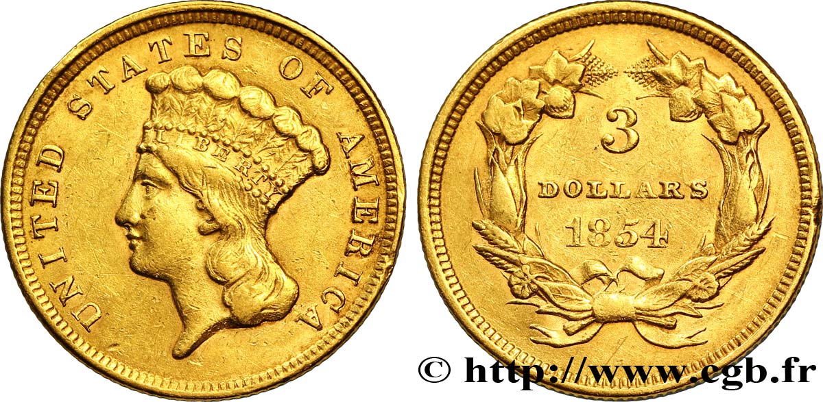 ESTADOS UNIDOS DE AMÉRICA 3 Dollars type Indian Princess 1864 Philadelphie MBC 