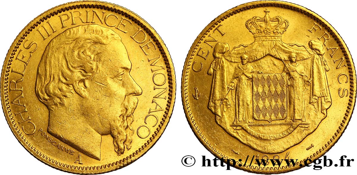 MONACO 100 Francs or Charles III 1884 Paris BB 