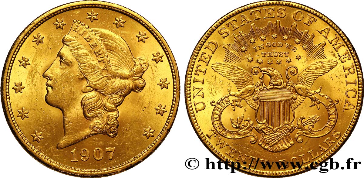 ÉTATS-UNIS D AMÉRIQUE 20 Dollars or  Liberty , avec In God we trust 1907 Philadelphie TTB 