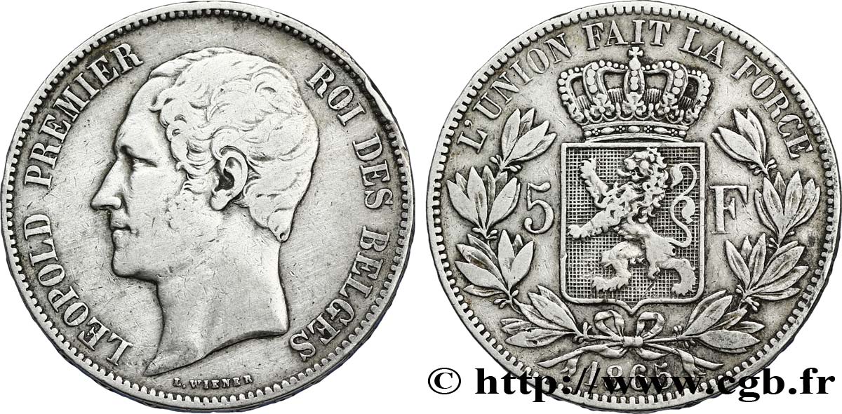 BELGIQUE 5 Francs Léopold Ier tête nue 1865  TB+ 