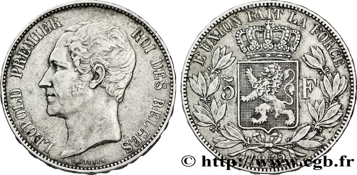 BELGIUM 5 Francs Léopold Ier 1852 Bruxelles XF 
