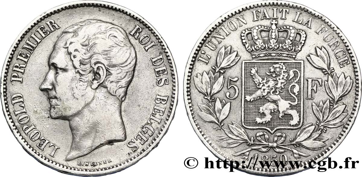 BELGIUM 5 Francs Léopold Ier 1850  VF 