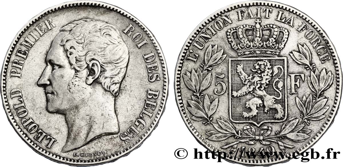 BÉLGICA 5 Francs Léopold Ier tête nue 1849  MBC 