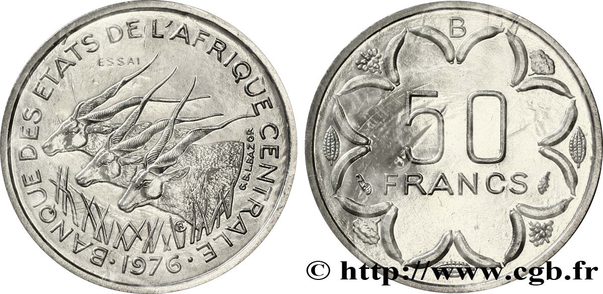 ESTADOS DE ÁFRICA CENTRAL
 Essai de 50 Francs antilopes lettre ‘B’ République Centrafricaine 1976 Paris FDC 