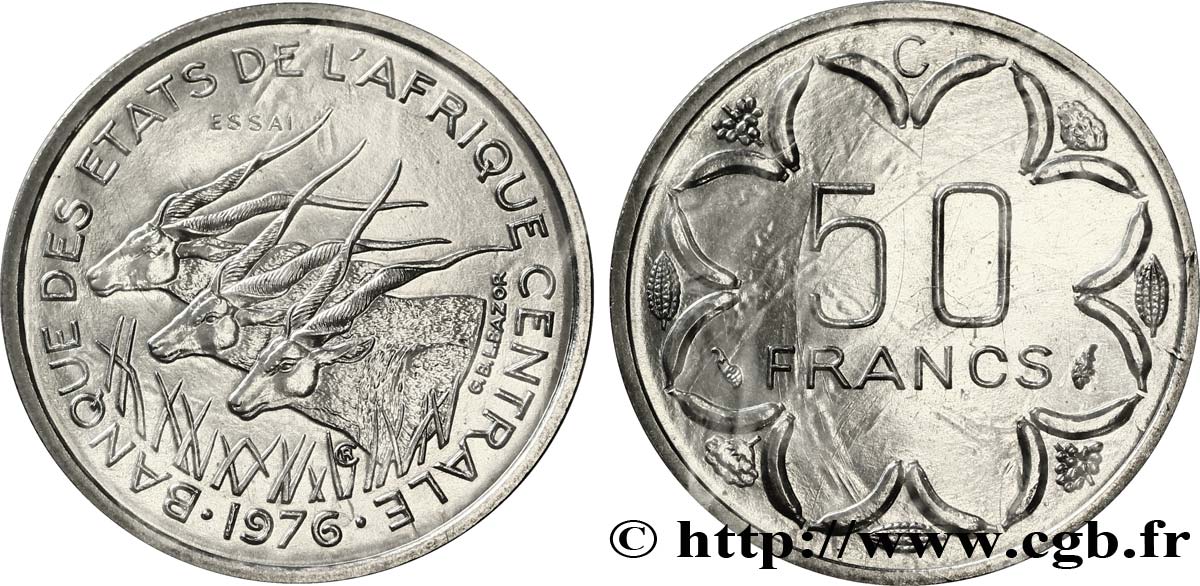 ZENTRALAFRIKANISCHE LÄNDER Essai de 50 Francs antilopes lettre ‘C’ Congo 1976 Paris ST 