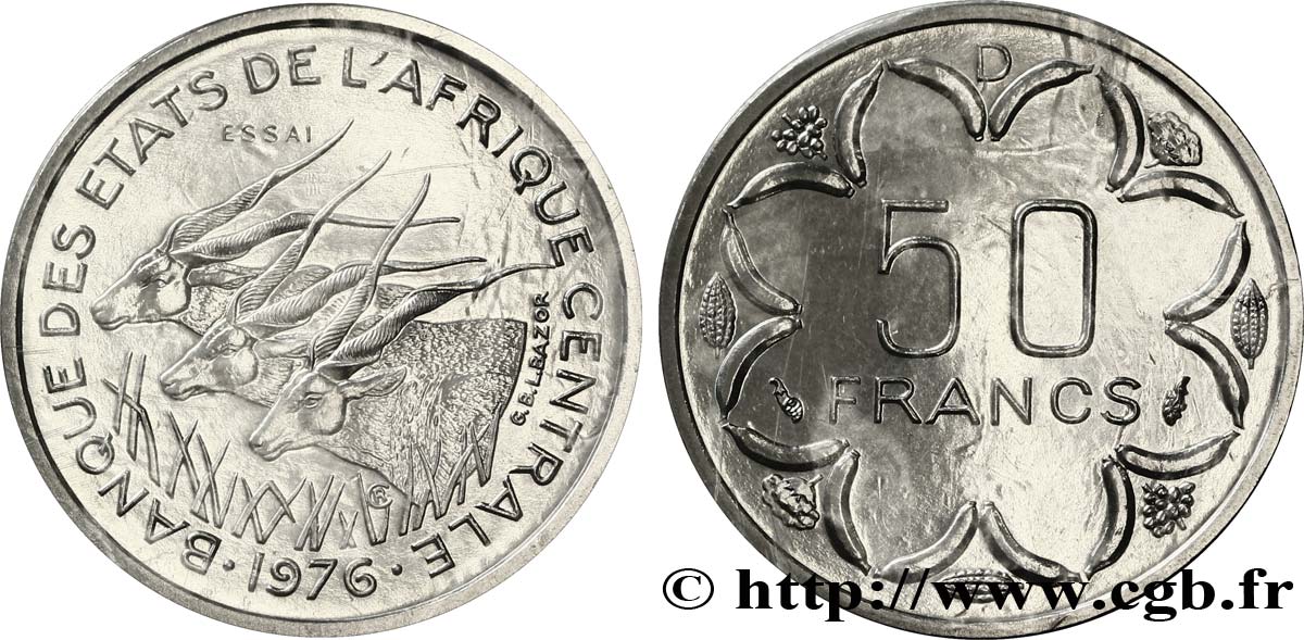 ZENTRALAFRIKANISCHE LÄNDER Essai de 50 Francs antilopes lettre ‘D’ Gabon 1976 Paris ST 