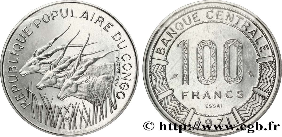 REPUBLIK KONGO Essai de 100 Francs type “Banque Centrale”, antilopes 1971 Paris ST70 