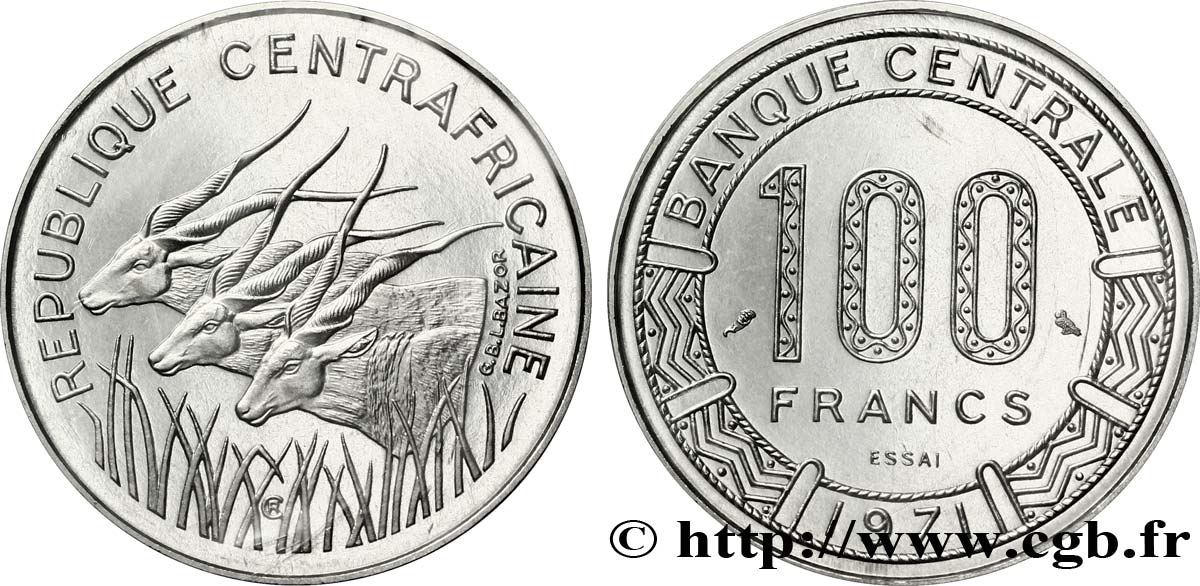 ZENTRALAFRIKANISCHE REPUBLIK Essai de 100 Francs antilopes 1971 Paris ST 