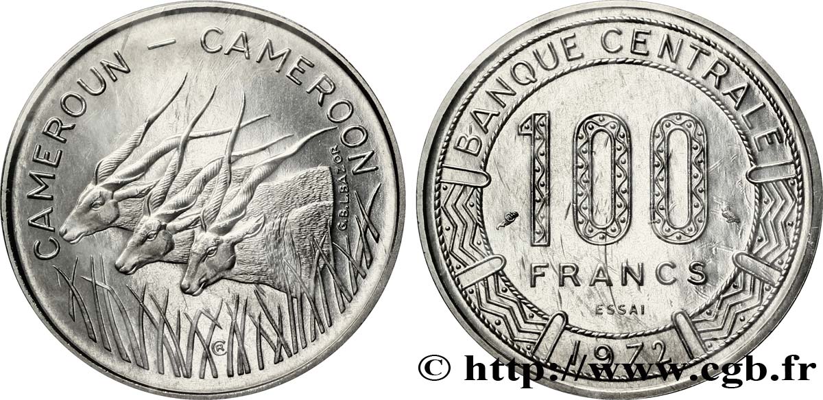 CAMEROON Essai de 100 Francs légende bilingue, type Banque Centrale, antilopes 1972 Paris MS 