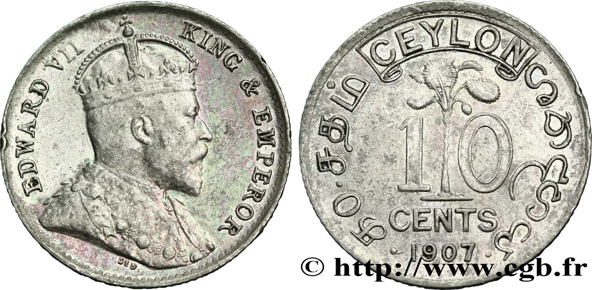 CEYLAN 10 Cents Édouard VII 1907  TTB+ 